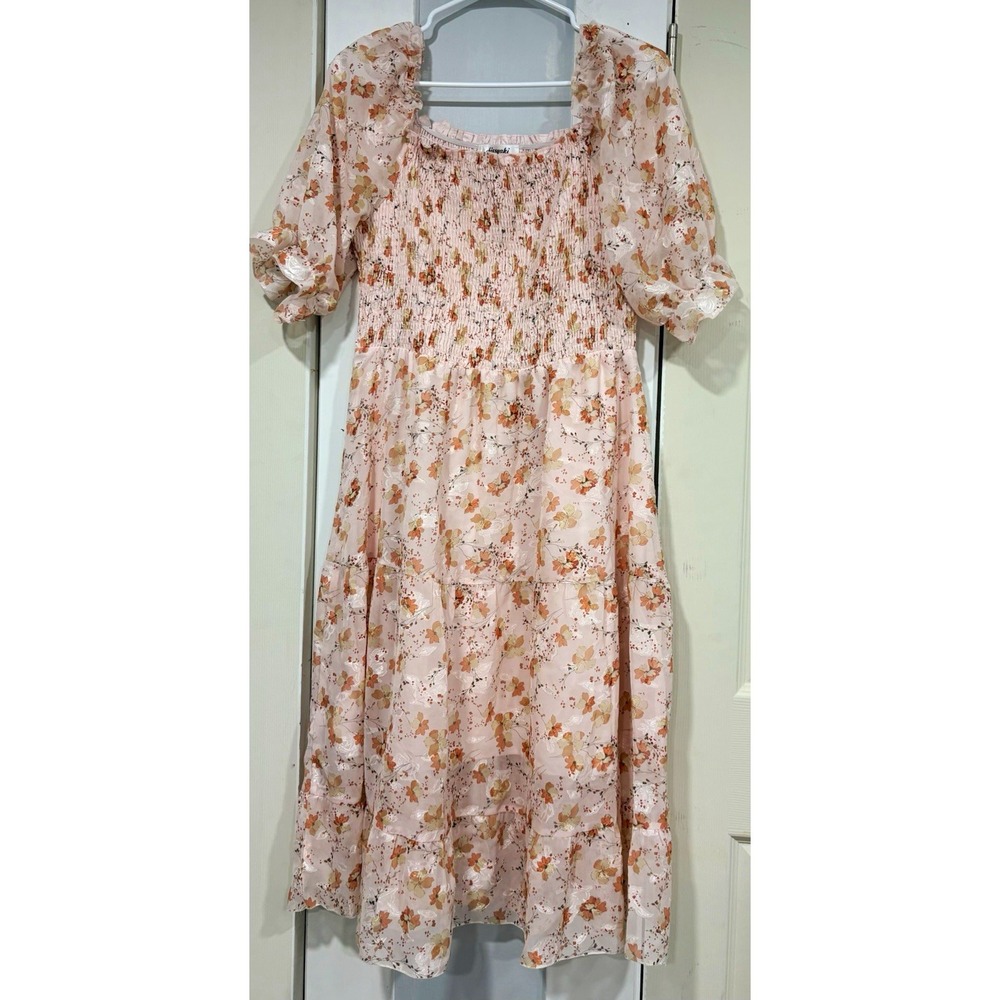 Sissyaki Women's L Pink Floral Smocked Square Neck Puff Sleeve Midi A-Line